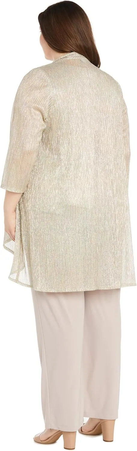 R&M Richards Elegant 3-Piece Sequin Duster Pant Set W/Necklace - Wide-Leg Pull-On Pants & Shimmer Tank