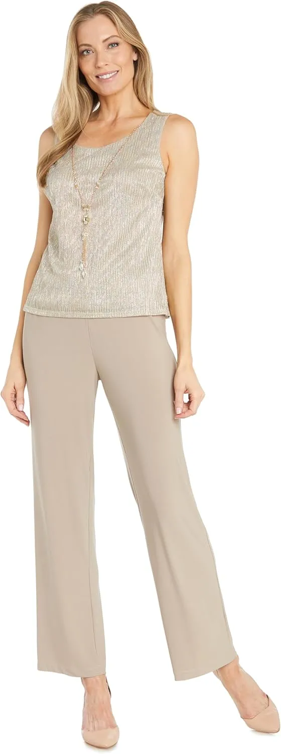 R&M Richards Elegant 3-Piece Sequin Duster Pant Set W/Necklace - Wide-Leg Pull-On Pants & Shimmer Tank