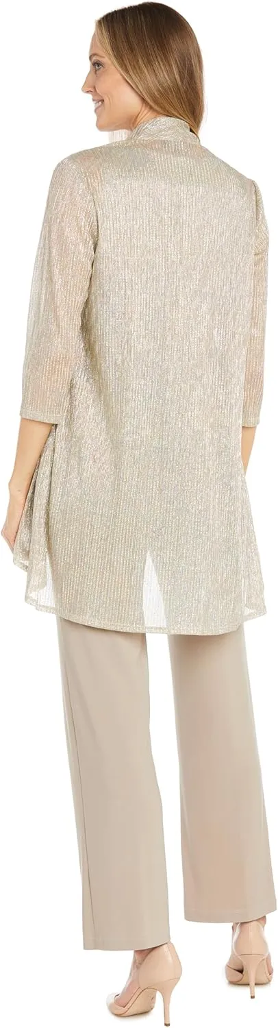 R&M Richards Elegant 3-Piece Sequin Duster Pant Set W/Necklace - Wide-Leg Pull-On Pants & Shimmer Tank