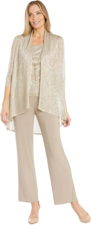 R&M Richards Elegant 3-Piece Sequin Duster Pant Set W/Necklace - Wide-Leg Pull-On Pants & Shimmer Tank