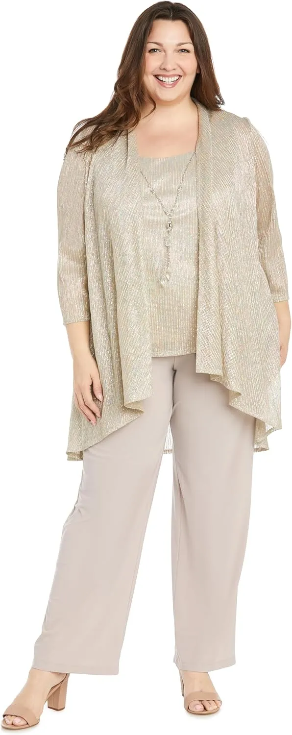 R&M Richards Elegant 3-Piece Sequin Duster Pant Set W/Necklace - Wide-Leg Pull-On Pants & Shimmer Tank