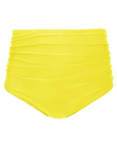 Retro Ruched High Waisted Bikini Bottom Full Coverage Swim Bottom-Neon Yellow