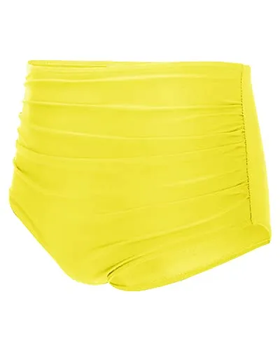 Retro Ruched High Waisted Bikini Bottom Full Coverage Swim Bottom-Neon Yellow