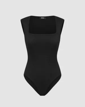Rib Knit Square Neck Bodysuit in Black