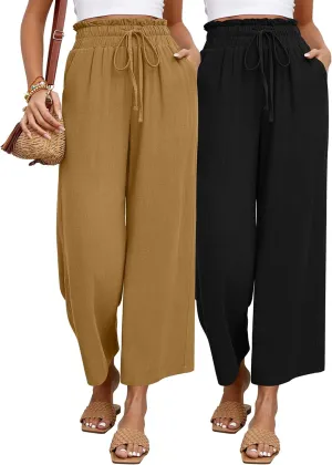 Riyiper 2 Pcs Women's Wide Leg Pants, Casual Linen High Waisted Cropped Trousers with Pockets Drawstring Loose Palazzo Pants