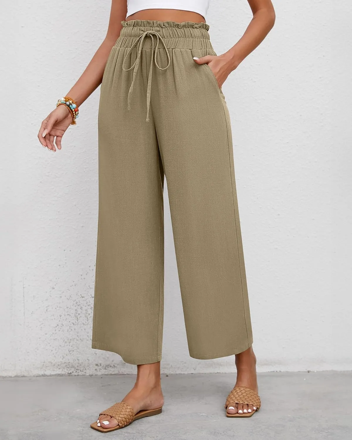 Riyiper 2 Pcs Women's Wide Leg Pants, Casual Linen High Waisted Cropped Trousers with Pockets Drawstring Loose Palazzo Pants