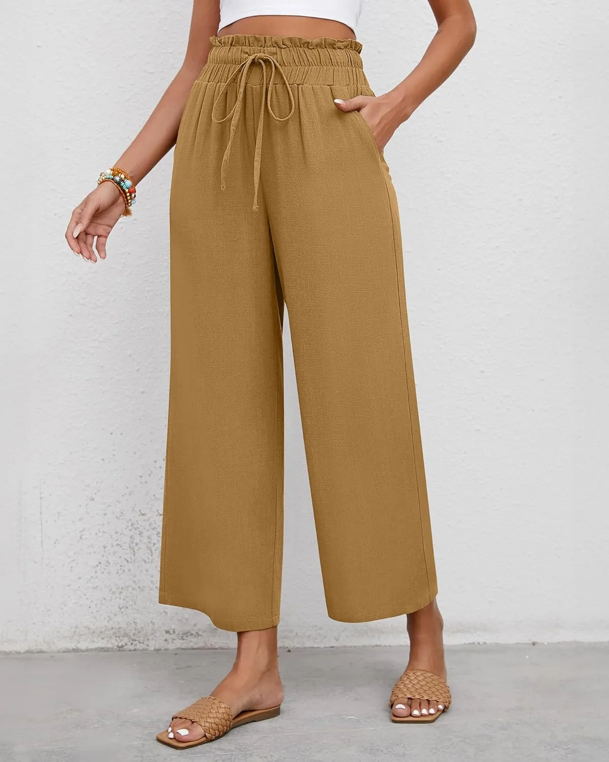 Riyiper 2 Pcs Women's Wide Leg Pants, Casual Linen High Waisted Cropped Trousers with Pockets Drawstring Loose Palazzo Pants