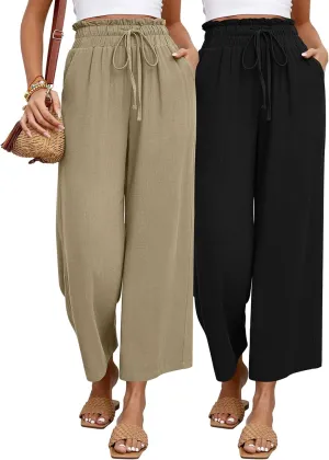 Riyiper 2 Pcs Women's Wide Leg Pants, Casual Linen High Waisted Cropped Trousers with Pockets Drawstring Loose Palazzo Pants