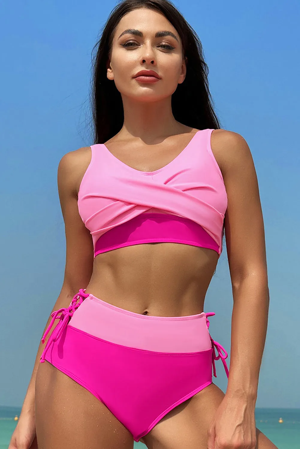 Rose Red Colorblock Crossed Lace Up High Waist Bikini