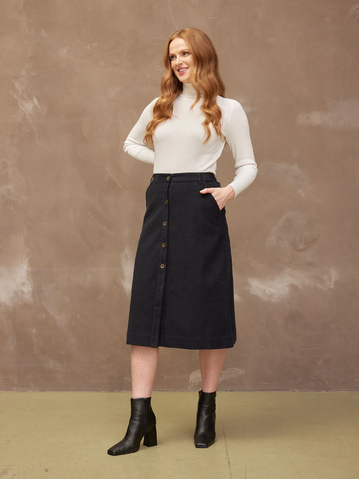 Roxy - Cord Midi Skirt - Black