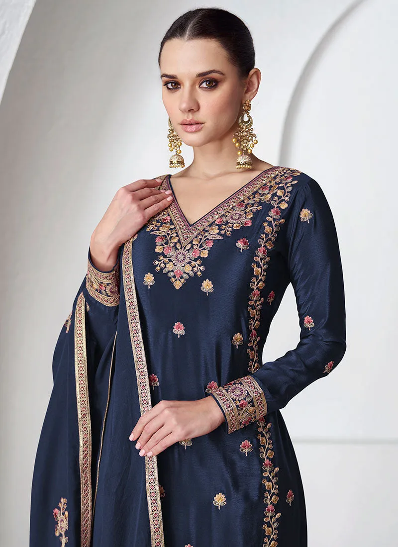 Royal Blue Multi Embroidery Festive Palazzo Suit