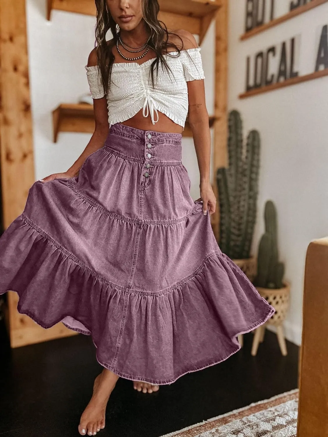 Ru Sweet Women's High Waist Long Denim Skirt Button-Fly Tiered Ruffle Swing A-Line Jean Maxi Skirt with Pockets