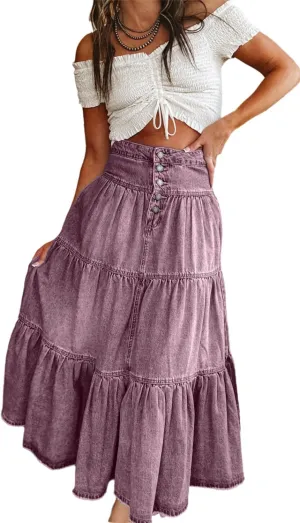 Ru Sweet Women's High Waist Long Denim Skirt Button-Fly Tiered Ruffle Swing A-Line Jean Maxi Skirt with Pockets