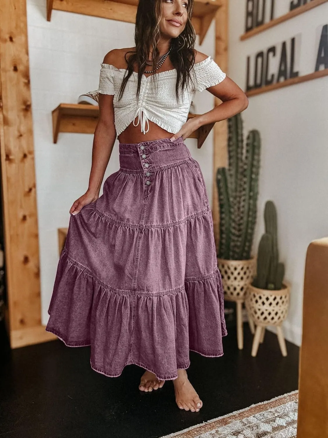 Ru Sweet Women's High Waist Long Denim Skirt Button-Fly Tiered Ruffle Swing A-Line Jean Maxi Skirt with Pockets