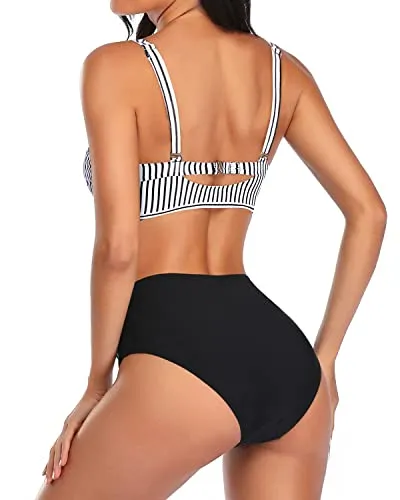 Ruched Tummy Control Women Two Piece High Waisted Bikini Set-Black And White Stripe