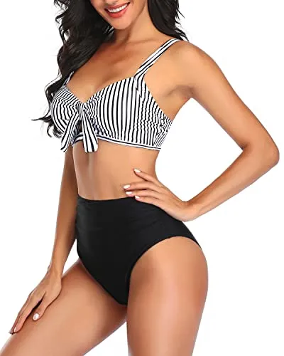 Ruched Tummy Control Women Two Piece High Waisted Bikini Set-Black And White Stripe