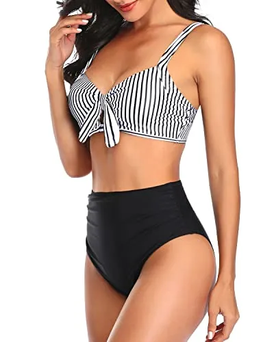 Ruched Tummy Control Women Two Piece High Waisted Bikini Set-Black And White Stripe