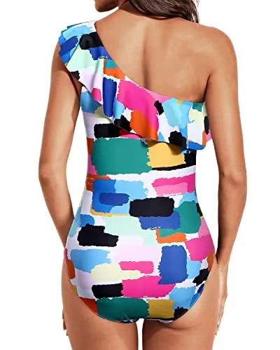 Ruffle Accented One Shoulder One Piece Swimsuits-Aqua