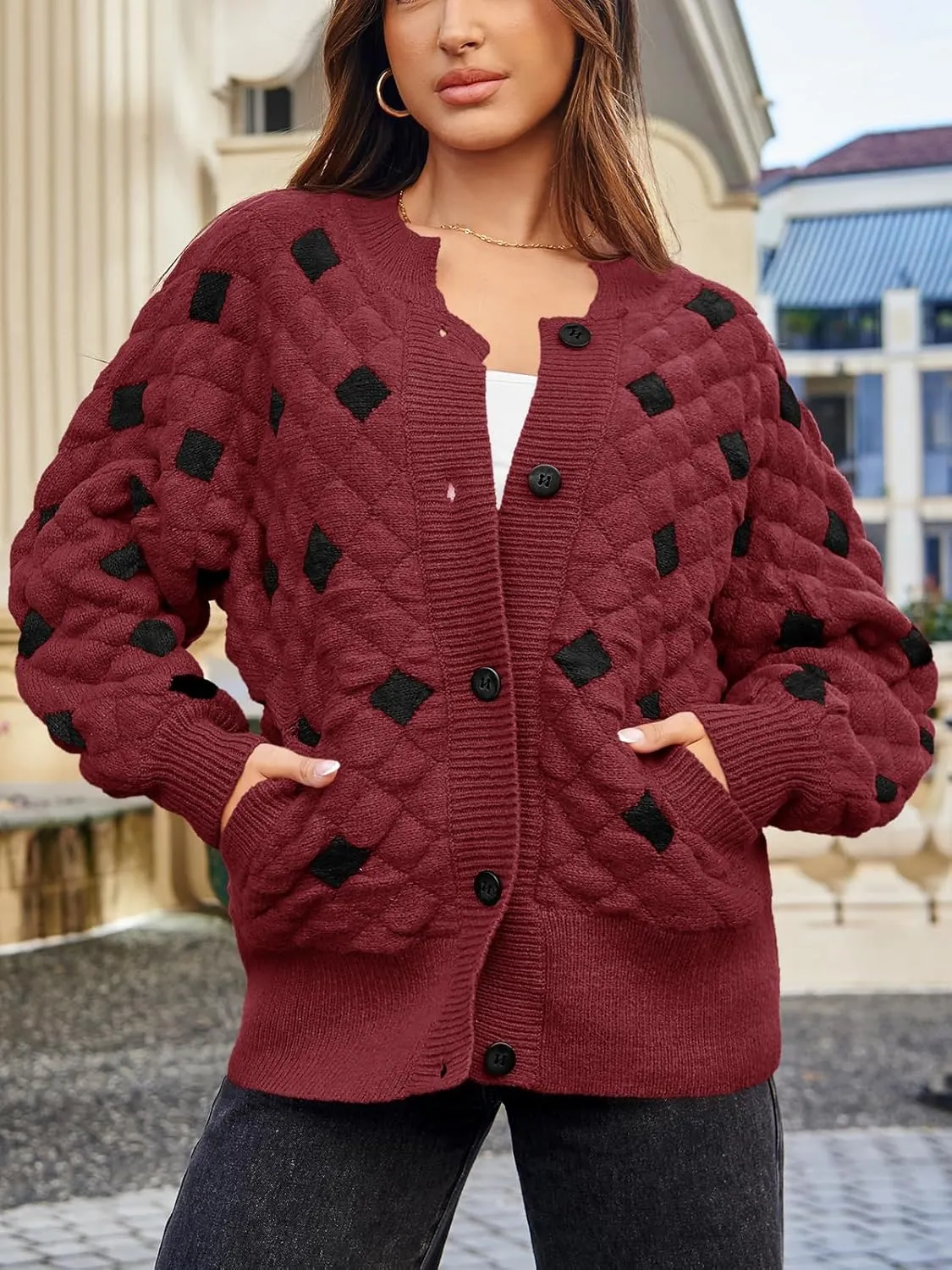Saodimallsu Womens Chunky Cardigans Button Down Long Sleeve Open Front Plaid Knit Loose Fall Sweater Coats