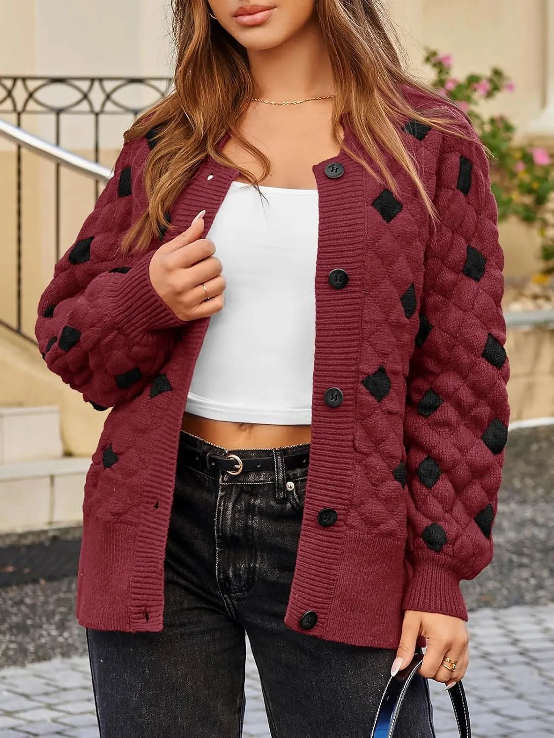 Saodimallsu Womens Chunky Cardigans Button Down Long Sleeve Open Front Plaid Knit Loose Fall Sweater Coats