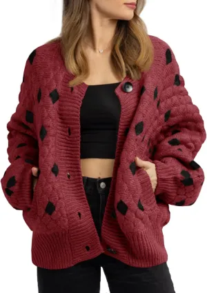 Saodimallsu Womens Chunky Cardigans Button Down Long Sleeve Open Front Plaid Knit Loose Fall Sweater Coats