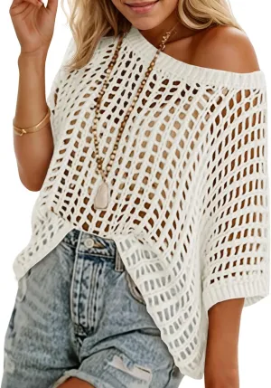 Saodimallsu Womens Crochet Sweater Tops Batwing Short Sleeve Oversized Boat Neck Boho Knit Summer Beach Cover Ups