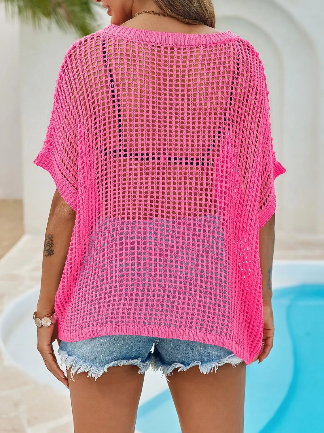 Saodimallsu Womens Crochet Sweater Tops Batwing Short Sleeve Oversized Boat Neck Boho Knit Summer Beach Cover Ups