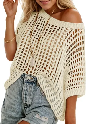 Saodimallsu Womens Crochet Sweater Tops Batwing Short Sleeve Oversized Boat Neck Boho Knit Summer Beach Cover Ups