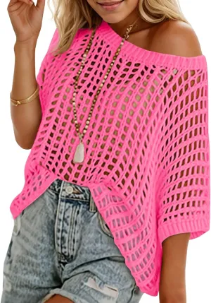 Saodimallsu Womens Crochet Sweater Tops Batwing Short Sleeve Oversized Boat Neck Boho Knit Summer Beach Cover Ups