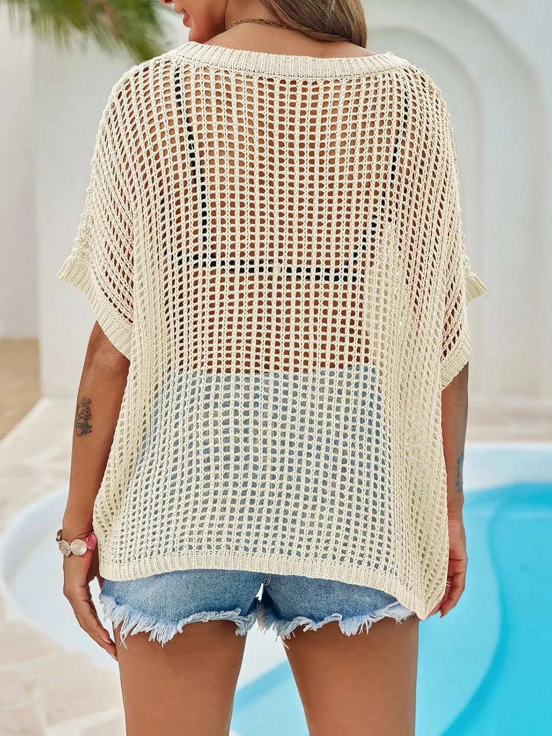Saodimallsu Womens Crochet Sweater Tops Batwing Short Sleeve Oversized Boat Neck Boho Knit Summer Beach Cover Ups