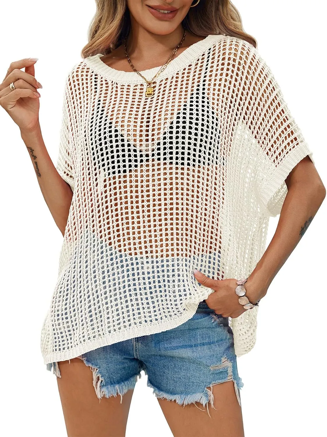 Saodimallsu Womens Crochet Sweater Tops Batwing Short Sleeve Oversized Boat Neck Boho Knit Summer Beach Cover Ups
