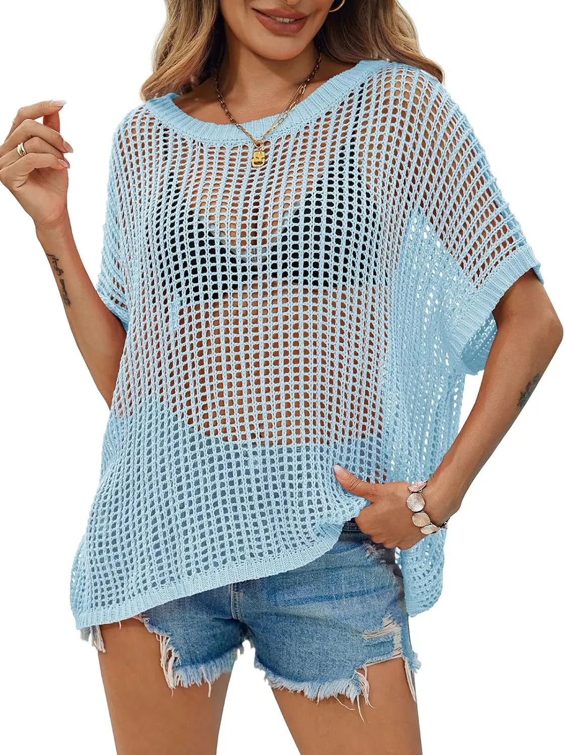 Saodimallsu Womens Crochet Sweater Tops Batwing Short Sleeve Oversized Boat Neck Boho Knit Summer Beach Cover Ups