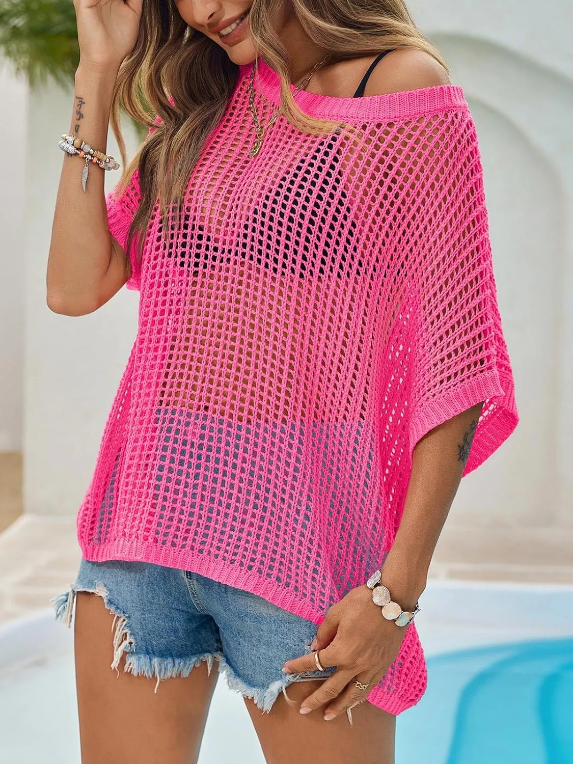 Saodimallsu Womens Crochet Sweater Tops Batwing Short Sleeve Oversized Boat Neck Boho Knit Summer Beach Cover Ups