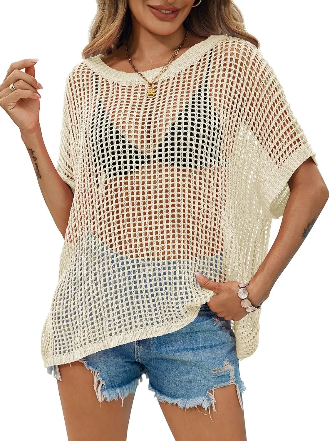 Saodimallsu Womens Crochet Sweater Tops Batwing Short Sleeve Oversized Boat Neck Boho Knit Summer Beach Cover Ups