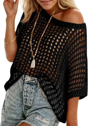 Saodimallsu Womens Crochet Sweater Tops Batwing Short Sleeve Oversized Boat Neck Boho Knit Summer Beach Cover Ups