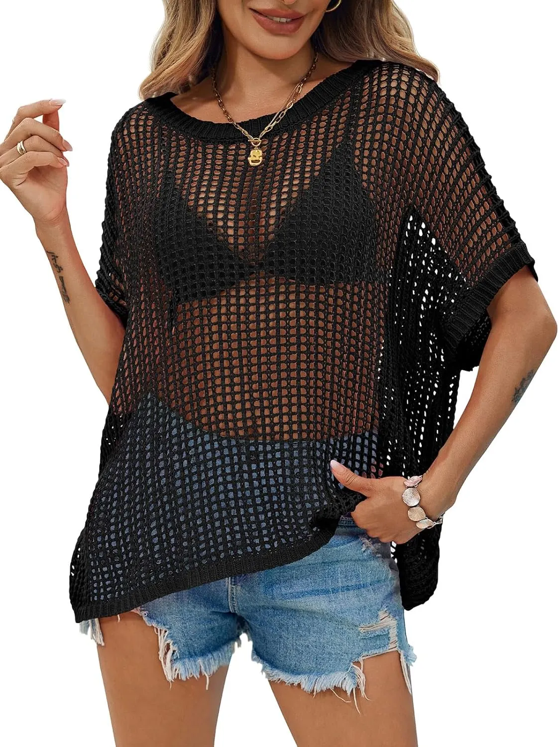 Saodimallsu Womens Crochet Sweater Tops Batwing Short Sleeve Oversized Boat Neck Boho Knit Summer Beach Cover Ups