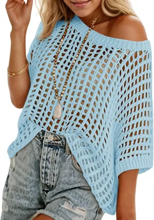 Saodimallsu Womens Crochet Sweater Tops Batwing Short Sleeve Oversized Boat Neck Boho Knit Summer Beach Cover Ups