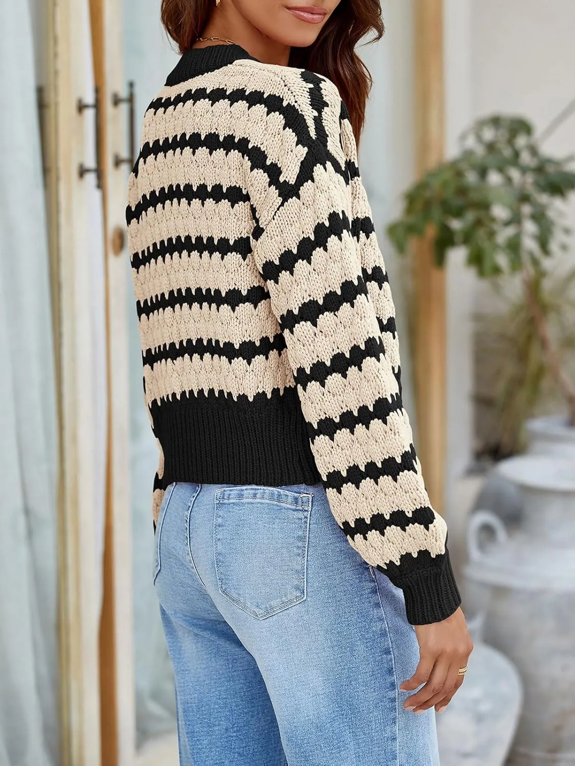 Saodimallsu Womens Cropped Cardigan Striped Open Front Long Lantern Sleeve Color Block Loose Chunky Knit Sweater Coat