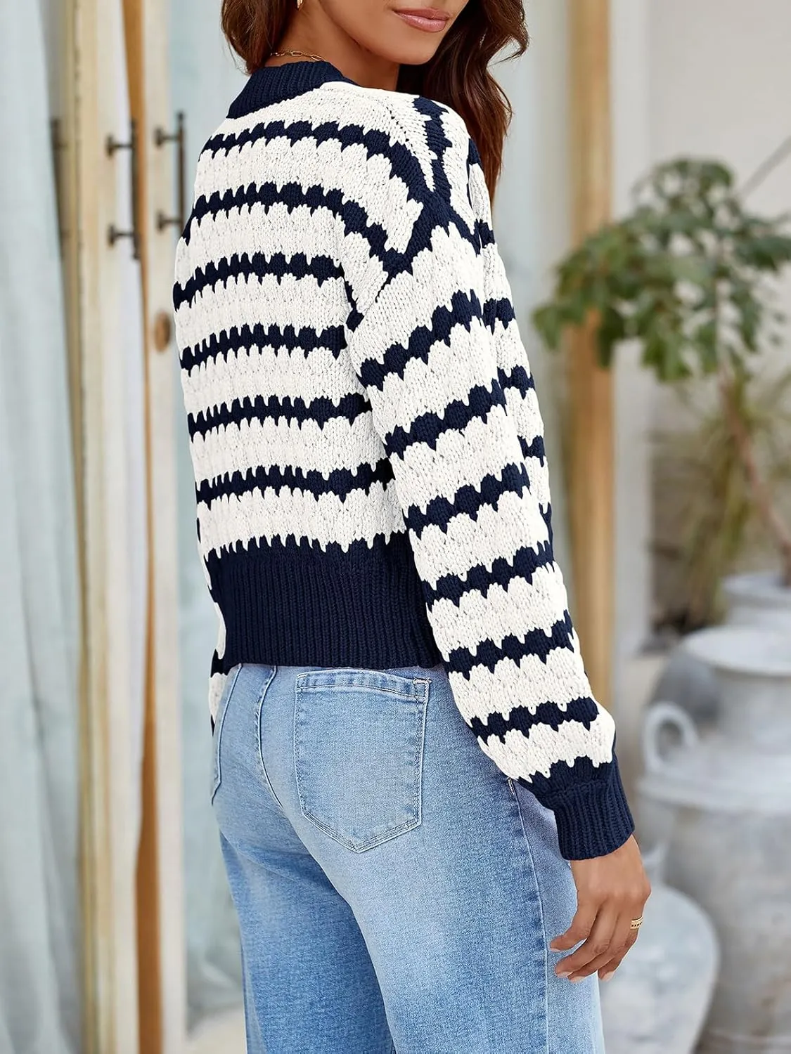 Saodimallsu Womens Cropped Cardigan Striped Open Front Long Lantern Sleeve Color Block Loose Chunky Knit Sweater Coat