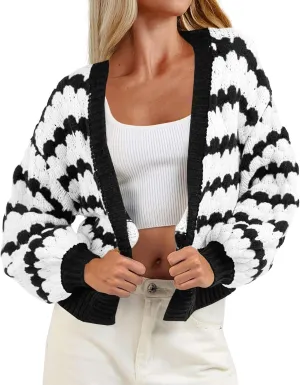 Saodimallsu Womens Cropped Cardigan Striped Open Front Long Lantern Sleeve Color Block Loose Chunky Knit Sweater Coat