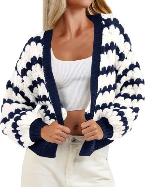 Saodimallsu Womens Cropped Cardigan Striped Open Front Long Lantern Sleeve Color Block Loose Chunky Knit Sweater Coat