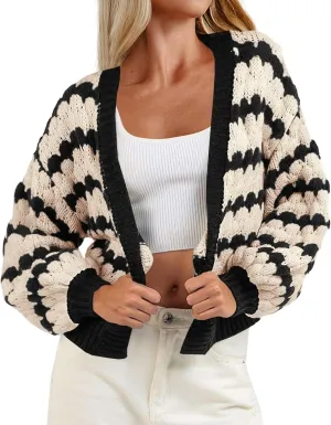 Saodimallsu Womens Cropped Cardigan Striped Open Front Long Lantern Sleeve Color Block Loose Chunky Knit Sweater Coat