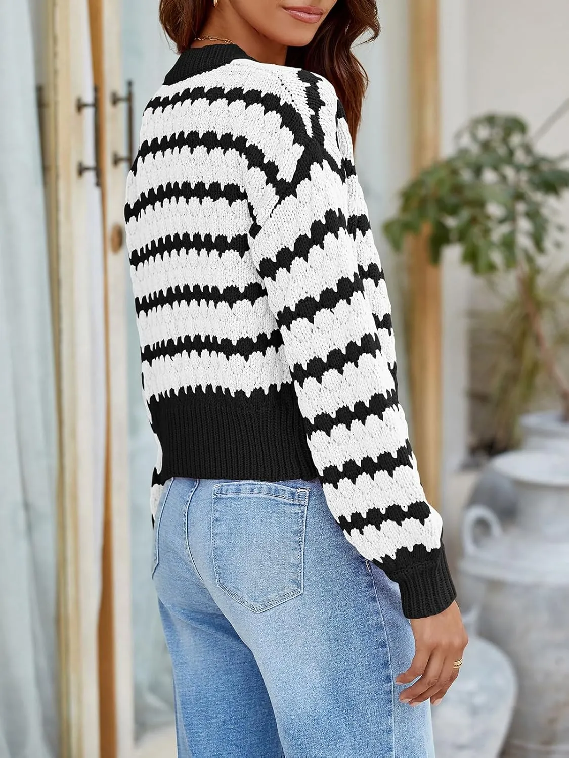 Saodimallsu Womens Cropped Cardigan Striped Open Front Long Lantern Sleeve Color Block Loose Chunky Knit Sweater Coat