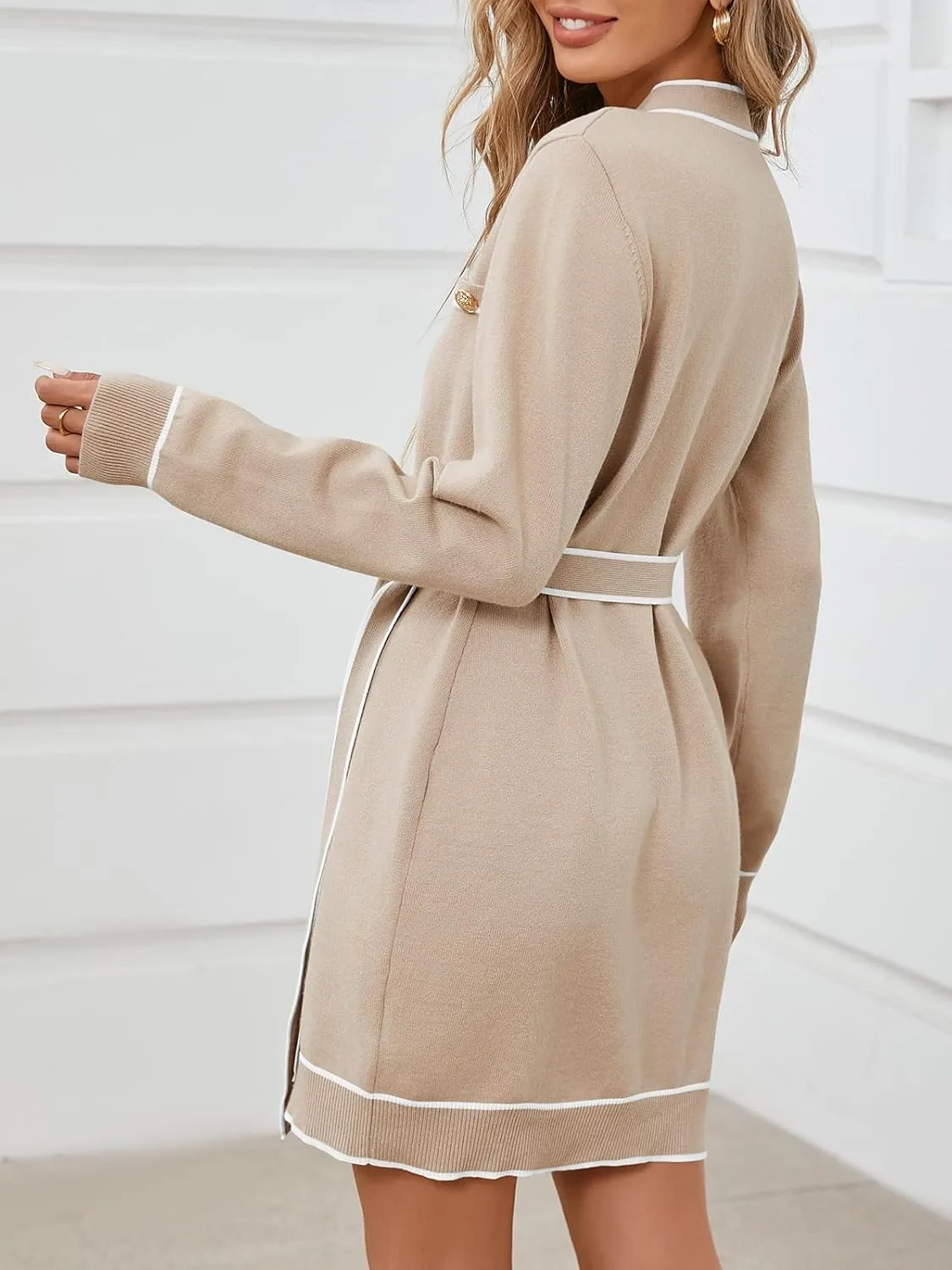 Saodimallsu Womens Long Sleeve Sweater Dress Button Down V Neck Casual Knit Preppy Mini Dresses Cardigan with Belt