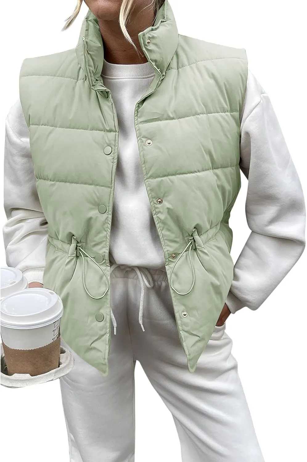 Saodimallsu Womens Puffer Vest Stand Collar Button Down Padded Jacket with Drawstring Waist