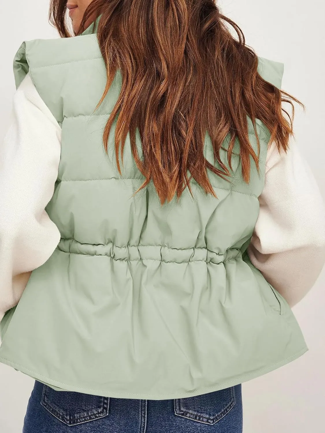 Saodimallsu Womens Puffer Vest Stand Collar Button Down Padded Jacket with Drawstring Waist