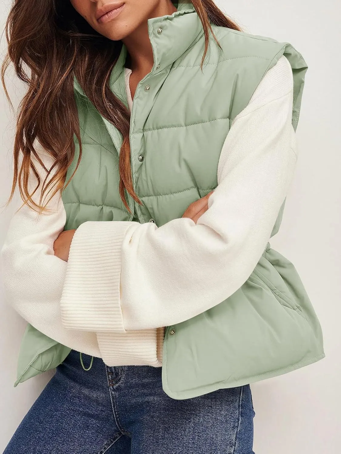 Saodimallsu Womens Puffer Vest Stand Collar Button Down Padded Jacket with Drawstring Waist