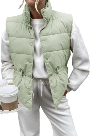 Saodimallsu Womens Puffer Vest Stand Collar Button Down Padded Jacket with Drawstring Waist