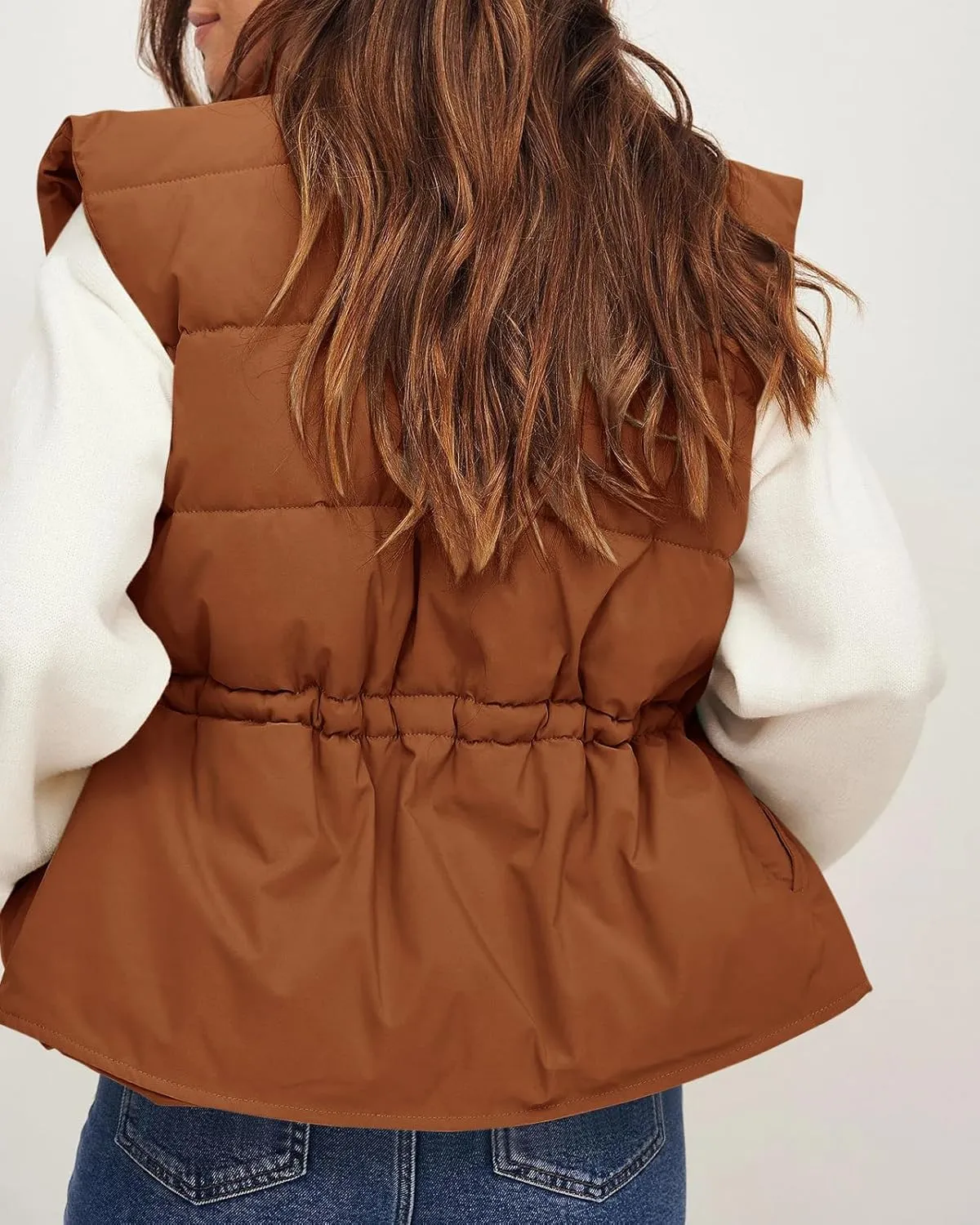 Saodimallsu Womens Puffer Vest Stand Collar Button Down Padded Jacket with Drawstring Waist