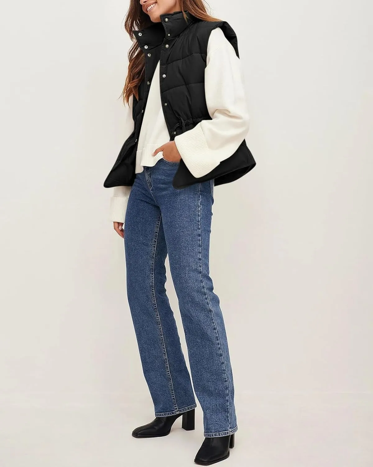 Saodimallsu Womens Puffer Vest Stand Collar Button Down Padded Jacket with Drawstring Waist